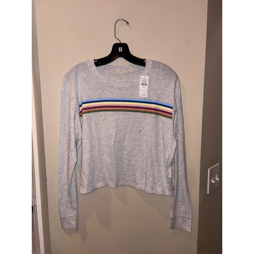 American Eagle Heather Gray Rainbow Stripe Cropped Long Sleeve Tee Shirt Small